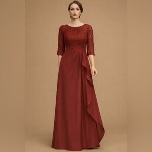 A-line Scoop Floor-Length Chiffon Lace Mother of the Bride Formal Dress Cabernet